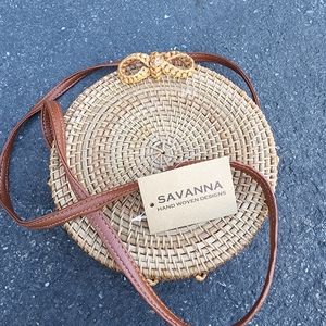 Savanna brand Hand Woven Natural brown hard shell cross body bag